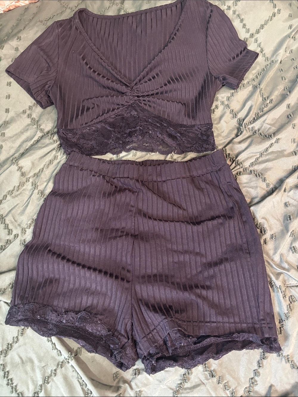 Women's Ribbed Lace-Trim Two-Piece Lounge Set - black